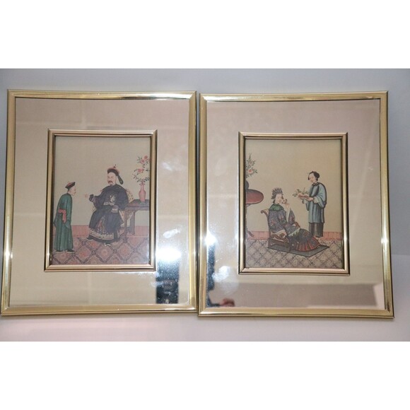Vintage Chinese Art Prints Set of 2 Royal Couple Servants Gold Framed - Picture 1 of 6